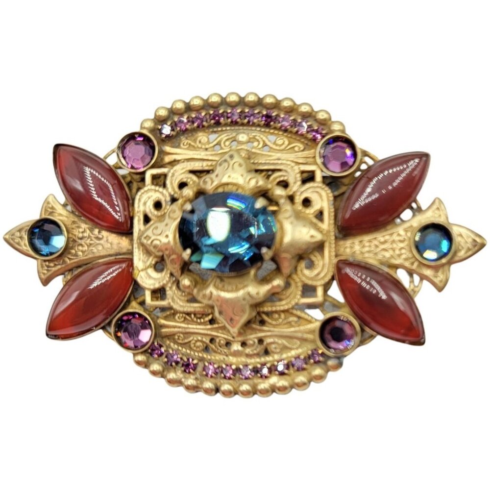 Sorrelli Goldtone Gripoix Nouveou Style, Rhinestone Brooch Signed
